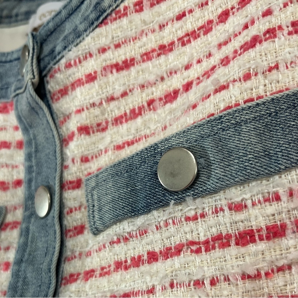 Ecru Denim Trim Tweed Jacket Size Medium Pink White Snap Front - Picture 5 of 10